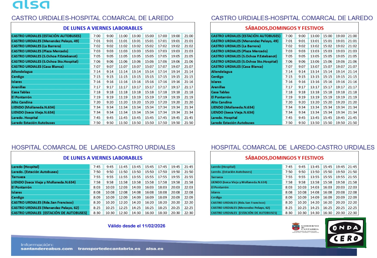 A partir del próximo miércoles, 11 de febrero, la conexión entre Castro Urdiales y Laredo, con parada en el Hospital, pasará de cinco a ocho expediciones diarias en días laborables