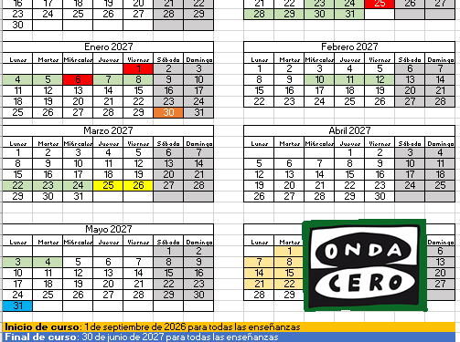 El curso escolar 2026/2027 empezará el 8 de septiembre y tendrá 175 días lectivos distribuidos en seis periodos